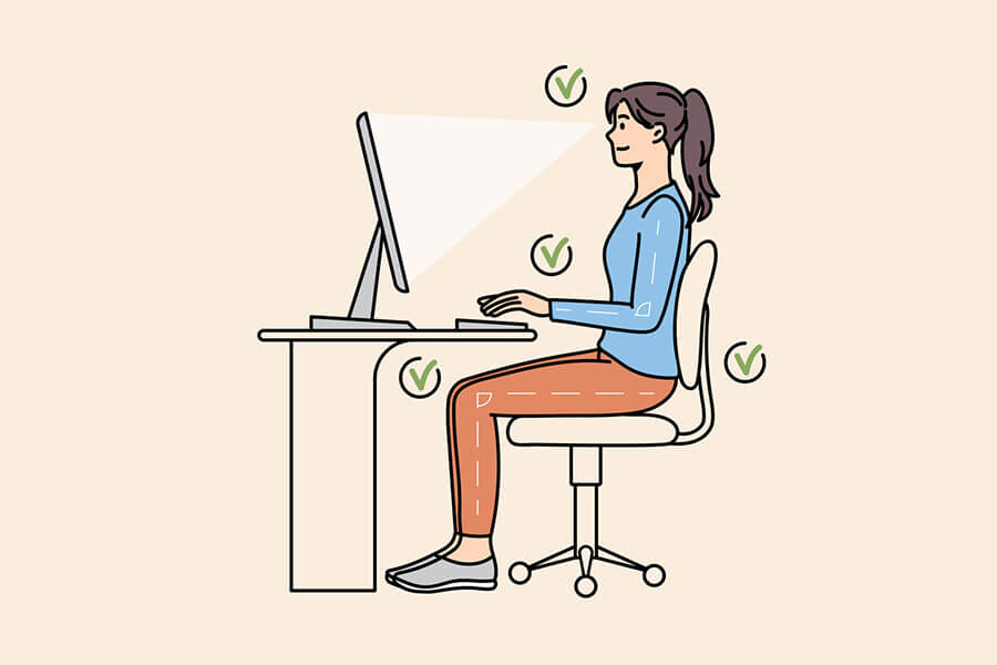 Girl sit at desk work on computer in correct position. Young woman keep right distance between eyes and posture at PC table. Ergonomic office job concept. Vector illustration, cartoon character.
